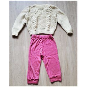 Girls Thick white Cable Knit Sweater Size Small + Dark Pink Joggers Size 4T